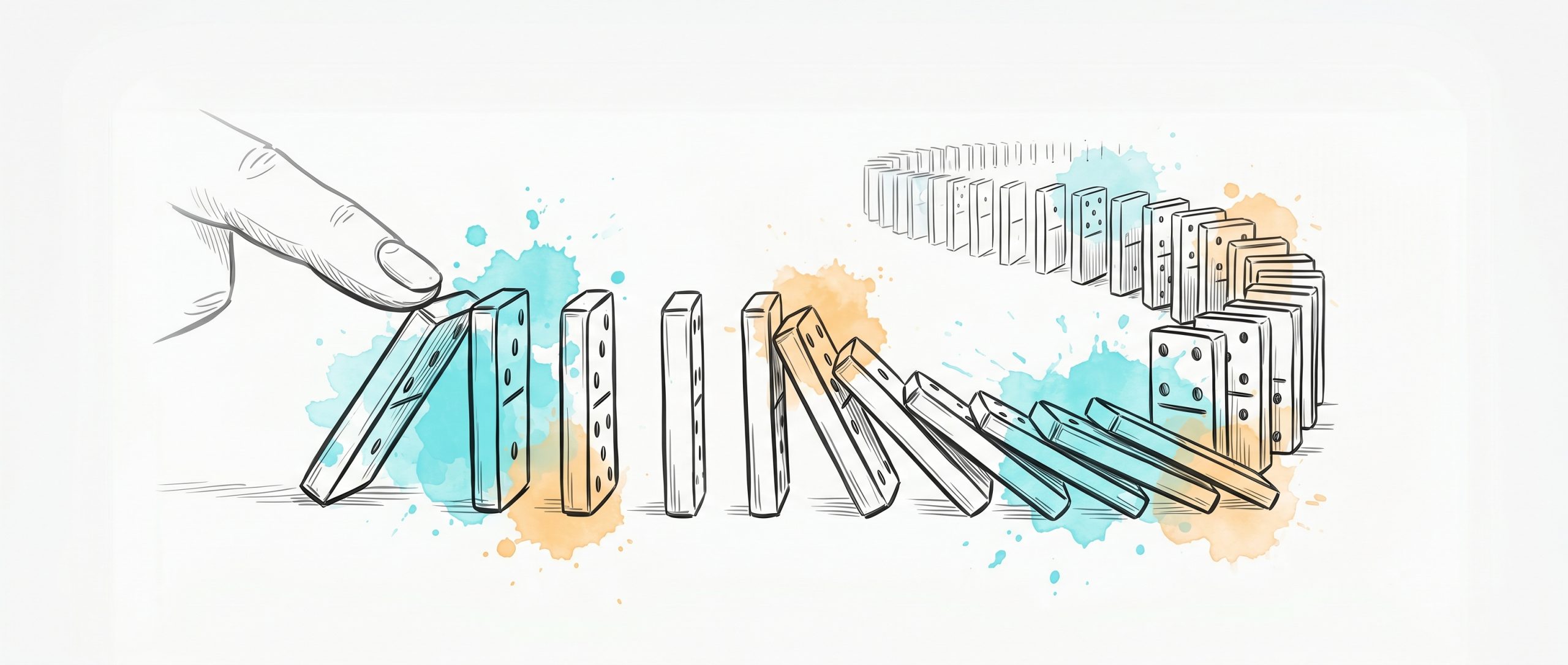 Hand-drawn ink illustration of a fingertip tipping the first domino in a curving line that begins to topple, symbolising one small first action setting momentum in motion, with soft cyan and apricot watercolour splashes