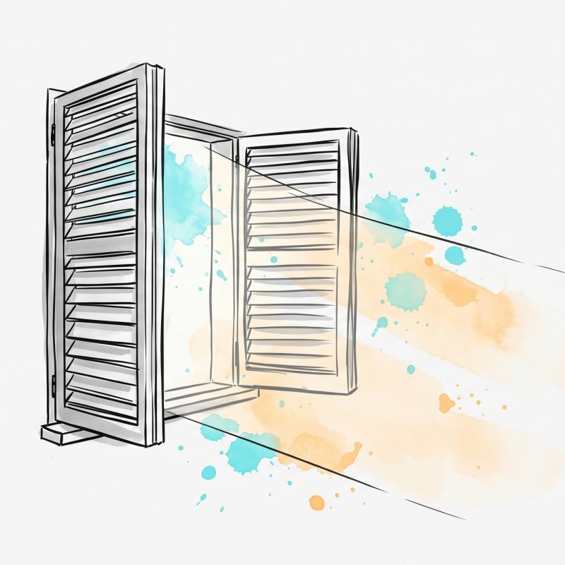 Hand-drawn ink illustration of louvered window shutters opening to let soft cyan and apricot light stream into a calm room, symbolizing widening the window of tolerance in trauma recovery