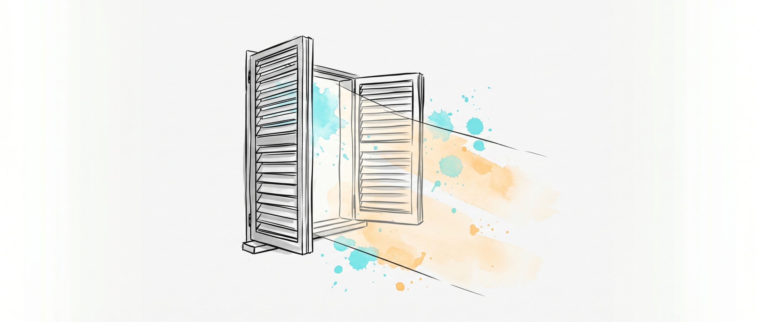 Hand-drawn ink illustration of louvered window shutters opening to let soft cyan and apricot light stream into a calm room, symbolizing widening the window of tolerance in trauma recovery