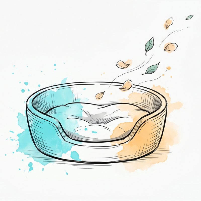 Hand-drawn ink illustration of an empty pet bed with a soft dent where a pet once curled, and petals drifting gently upward, in cyan and apricot watercolour — symbolising tender loss and a love that continues.