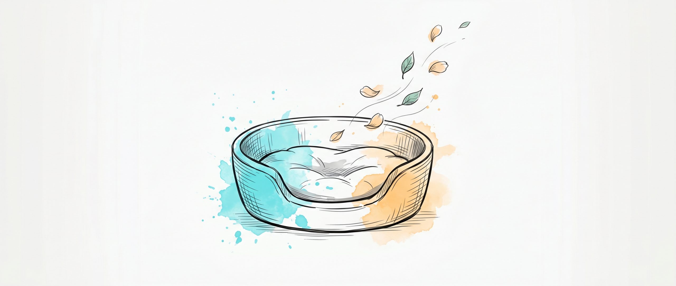 Hand-drawn ink illustration of an empty pet bed with a soft dent where a pet once curled, and petals drifting gently upward, in cyan and apricot watercolour — symbolising tender loss and a love that continues.