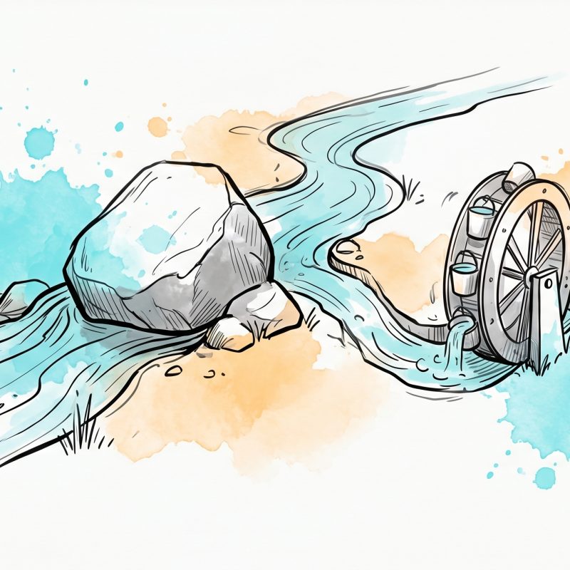 A flowing stream blocked by a boulder is diverted into a side channel that turns a working waterwheel — redirected energy doing useful work, the idea of productive procrastination
