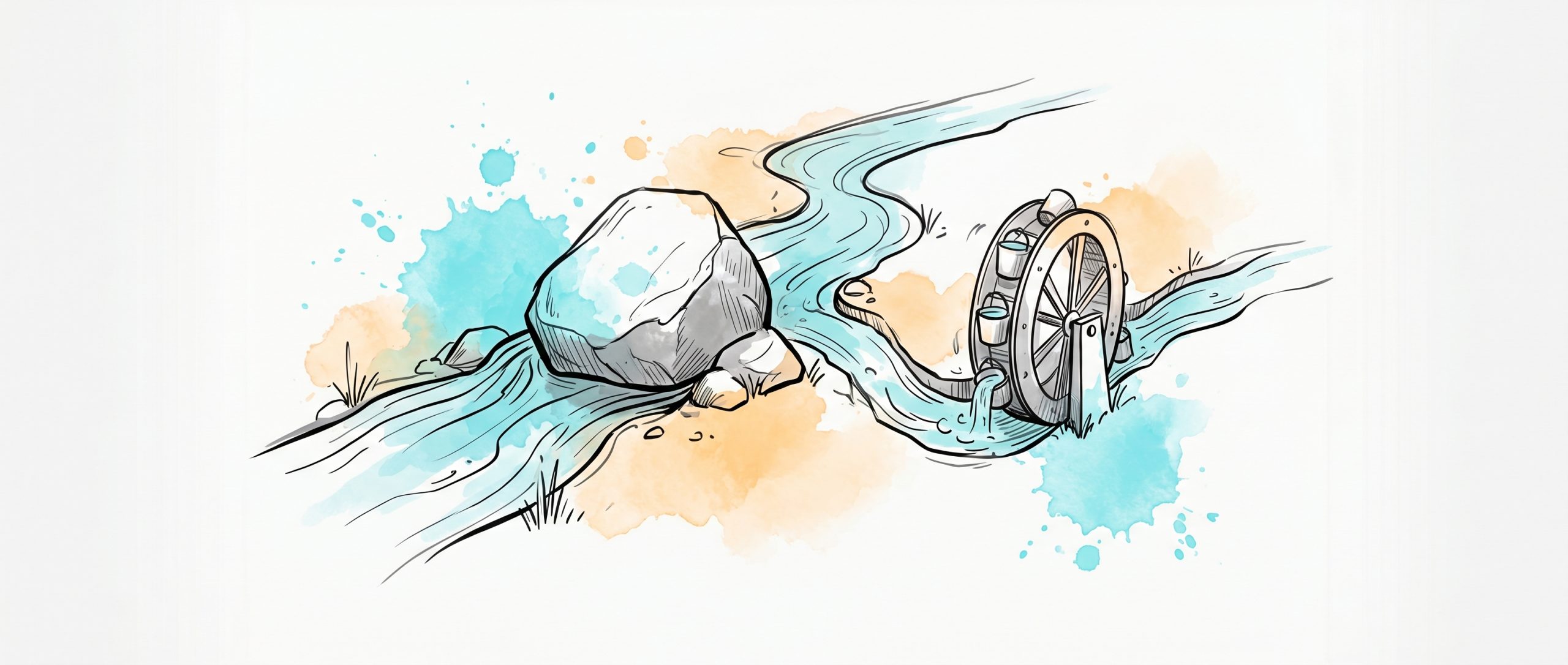 A flowing stream blocked by a boulder is diverted into a side channel that turns a working waterwheel — redirected energy doing useful work, the idea of productive procrastination