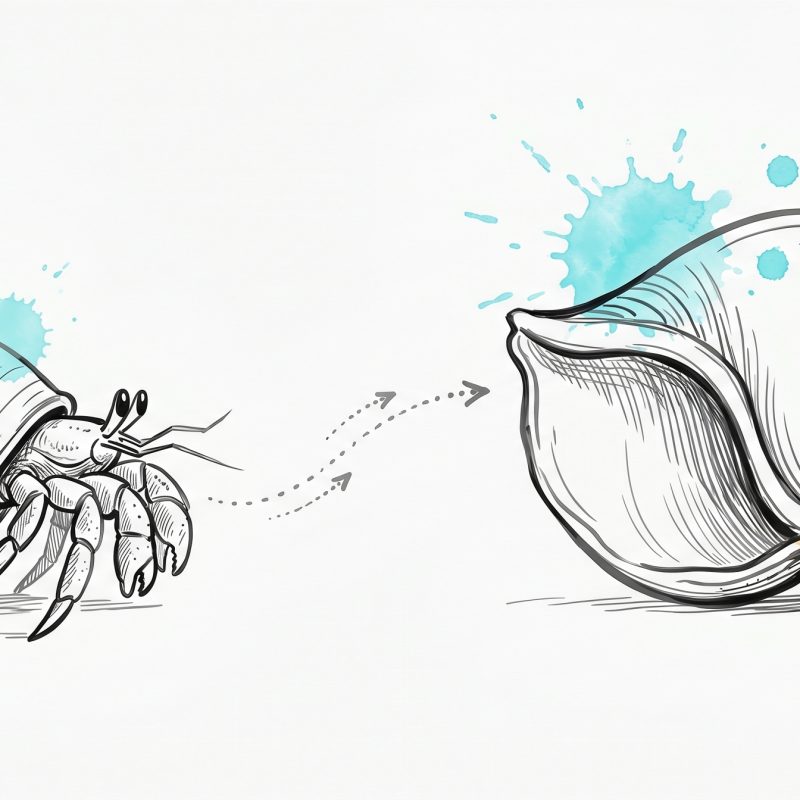 Hand-drawn ink illustration of a hermit crab leaving a smaller spiral shell and moving along a dotted path toward a roomier larger shell, with cyan and apricot watercolour splashes — symbolizing outgrowing an old identity during a career transition