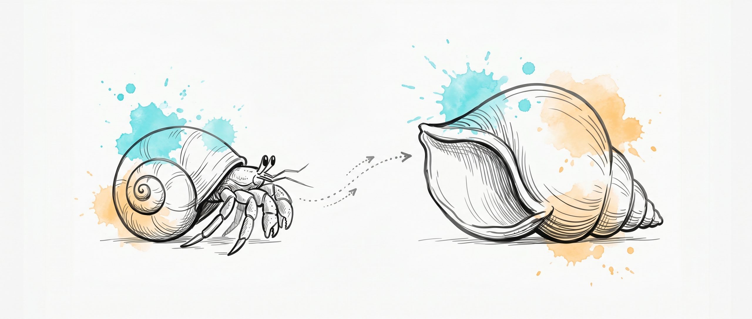 Hand-drawn ink illustration of a hermit crab leaving a smaller spiral shell and moving along a dotted path toward a roomier larger shell, with cyan and apricot watercolour splashes — symbolizing outgrowing an old identity during a career transition