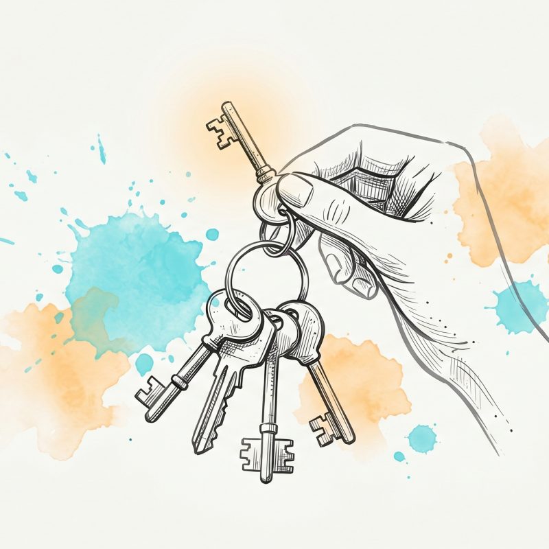 Hand-drawn ink illustration of a hand lifting and examining one key from a ring of several keys, with soft cyan and apricot watercolour splashes — identifying the specific cue that triggers anxiety