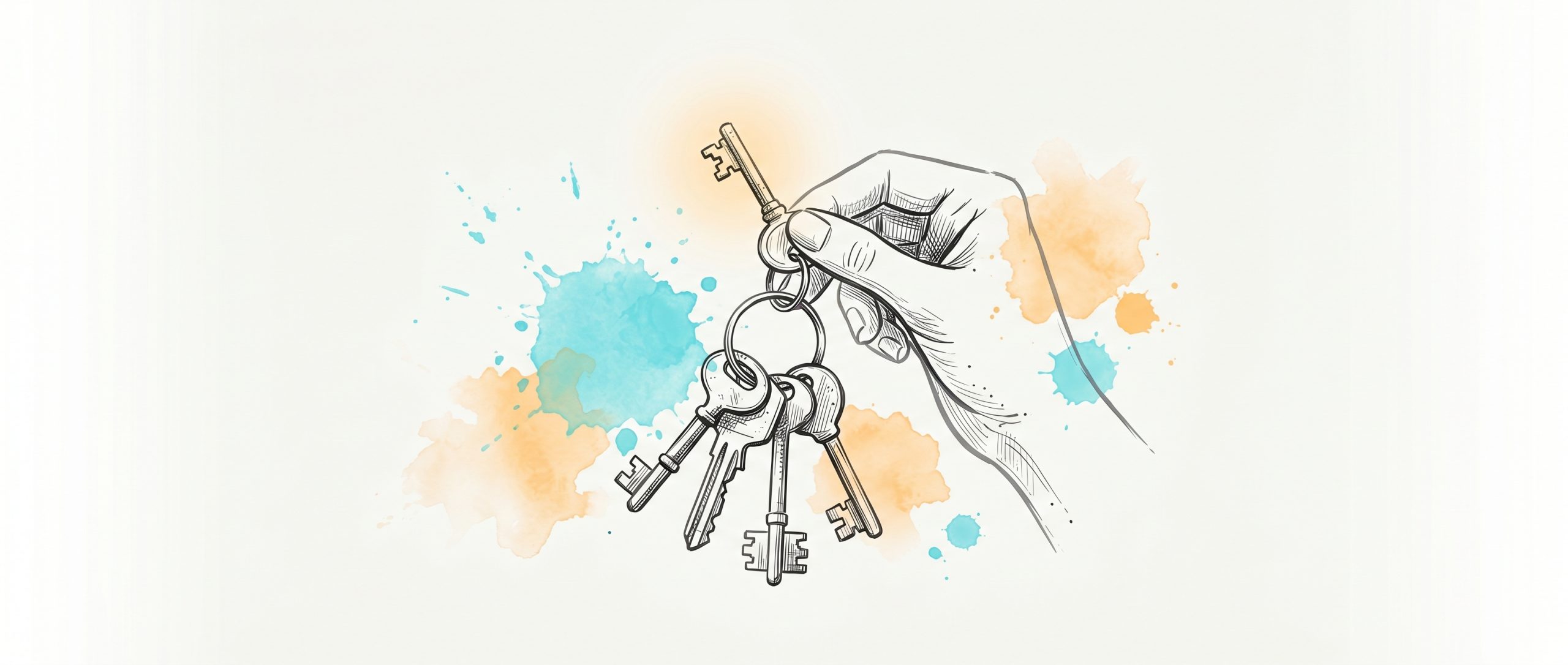 Hand-drawn ink illustration of a hand lifting and examining one key from a ring of several keys, with soft cyan and apricot watercolour splashes — identifying the specific cue that triggers anxiety
