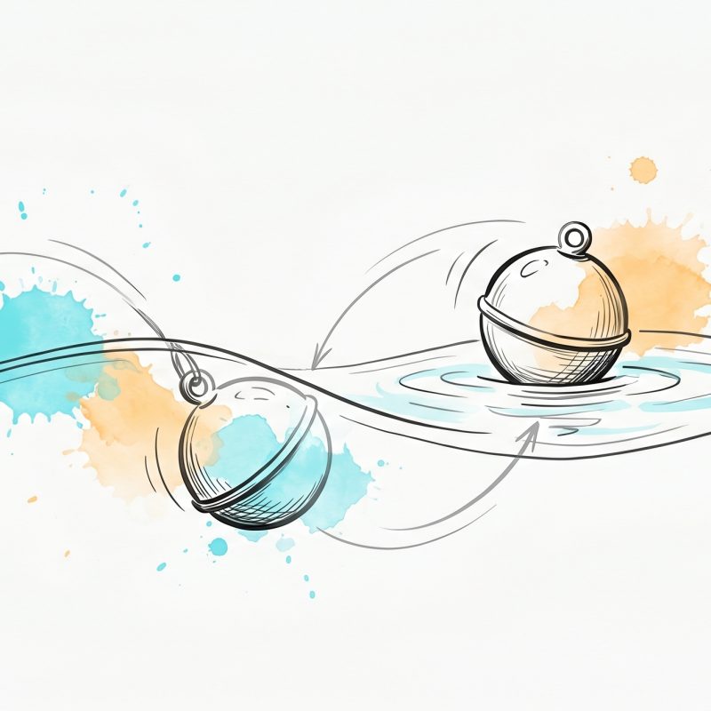 Hand-drawn ink illustration of a small buoy pushed under a wave and rising back upright to bob on the surface, with cyan and apricot watercolour splashes — a metaphor for resilience and bouncing back