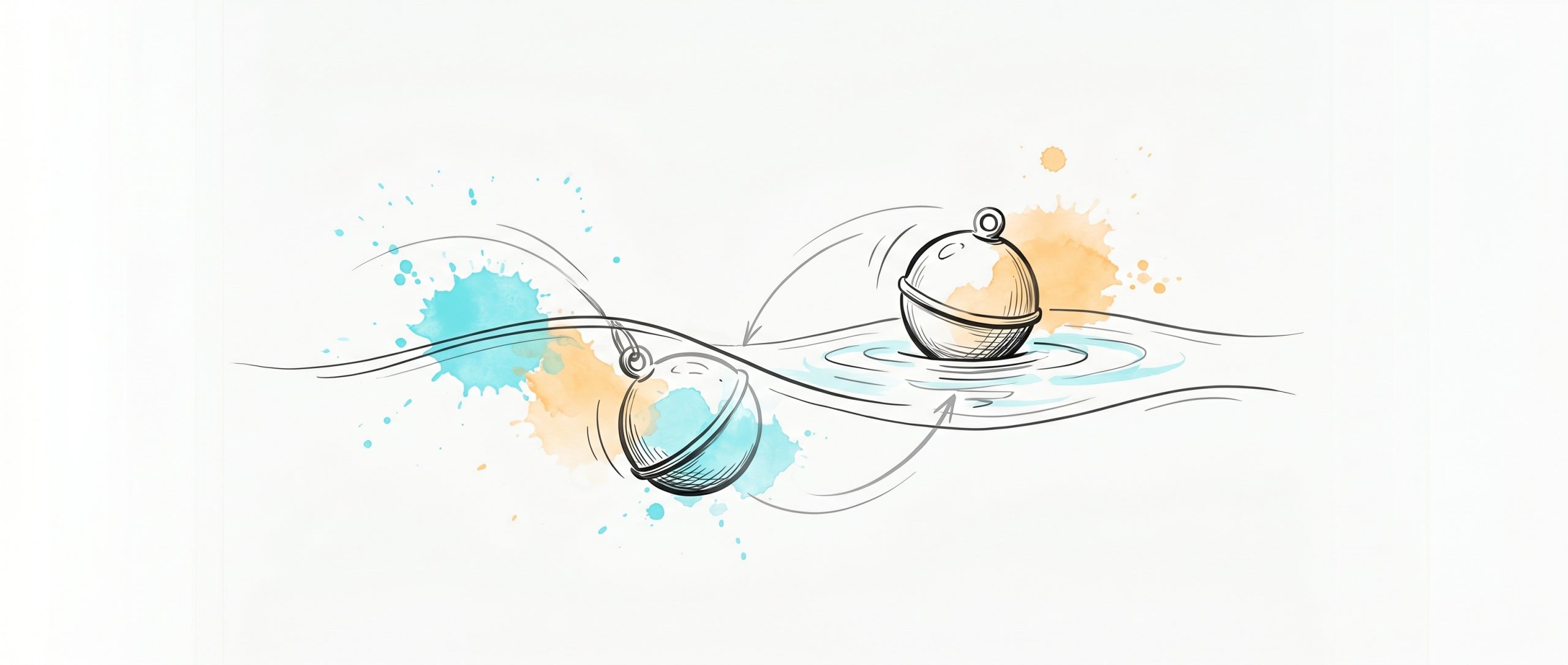 Hand-drawn ink illustration of a small buoy pushed under a wave and rising back upright to bob on the surface, with cyan and apricot watercolour splashes — a metaphor for resilience and bouncing back