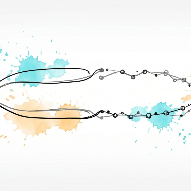 Two parallel ink strands — one a smooth continuous line, one made of connected dots — running side by side and merging into one, symbolizing AI therapy and traditional therapy used together.