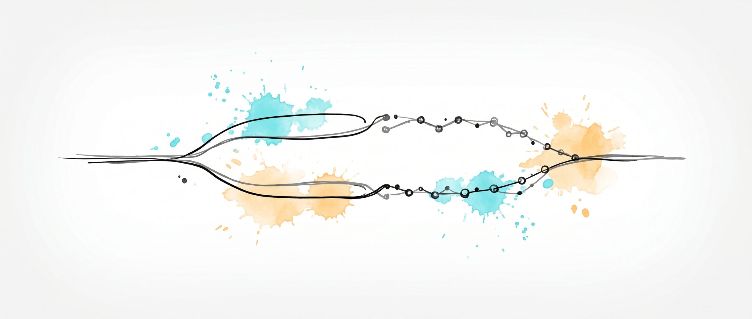 Two parallel ink strands — one a smooth continuous line, one made of connected dots — running side by side and merging into one, symbolizing AI therapy and traditional therapy used together.
