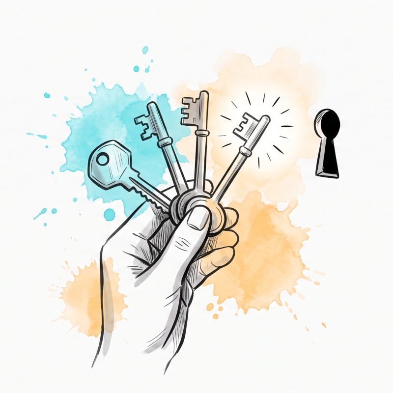 Hand-drawn ink illustration of a hand holding several differently-shaped keys, one glowing, aligning toward a single keyhole, with cyan and apricot watercolour splashes — choosing the AI therapy platform that fits you.