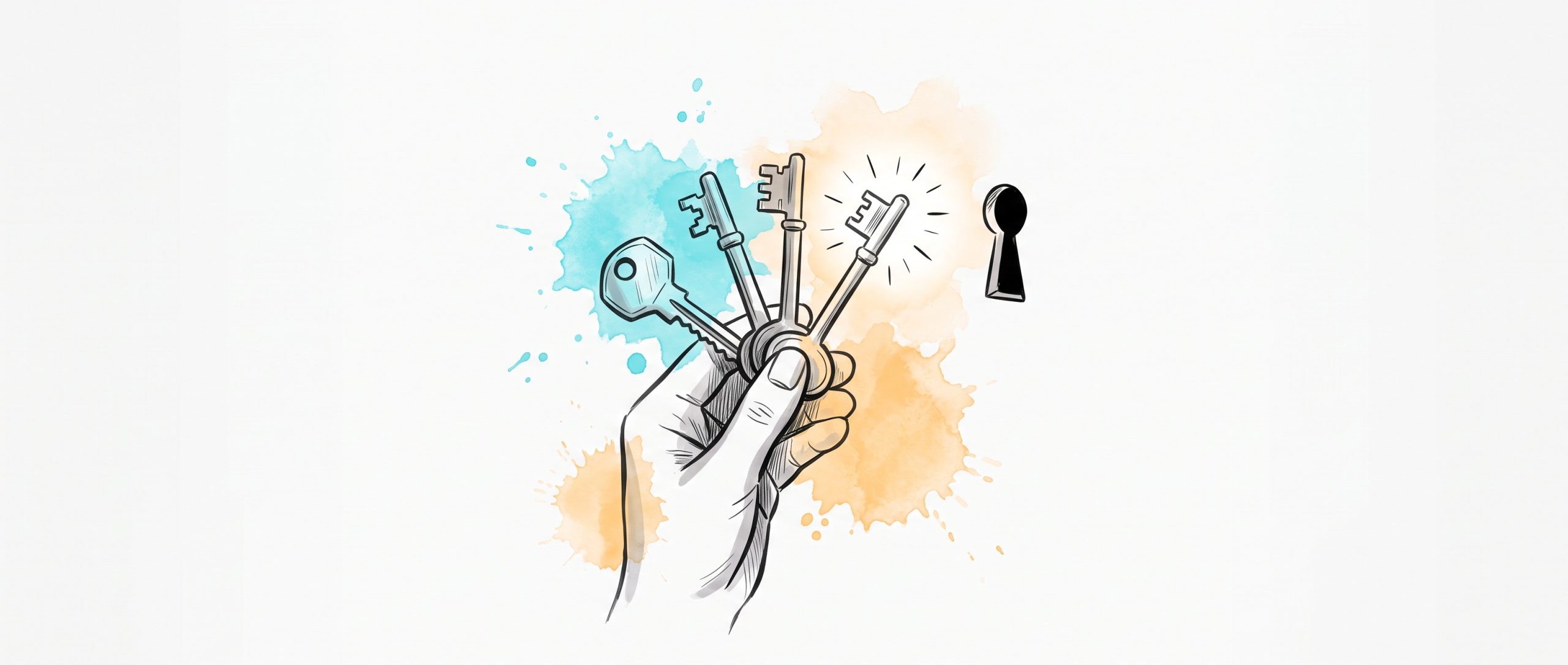 Hand-drawn ink illustration of a hand holding several differently-shaped keys, one glowing, aligning toward a single keyhole, with cyan and apricot watercolour splashes — choosing the AI therapy platform that fits you.