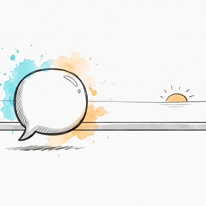 Hand-drawn editorial illustration: a friendly chat speech-bubble resting on the near side of a calm boundary line, a soft sun rising on the horizon beyond, with cyan and apricot watercolour splashes