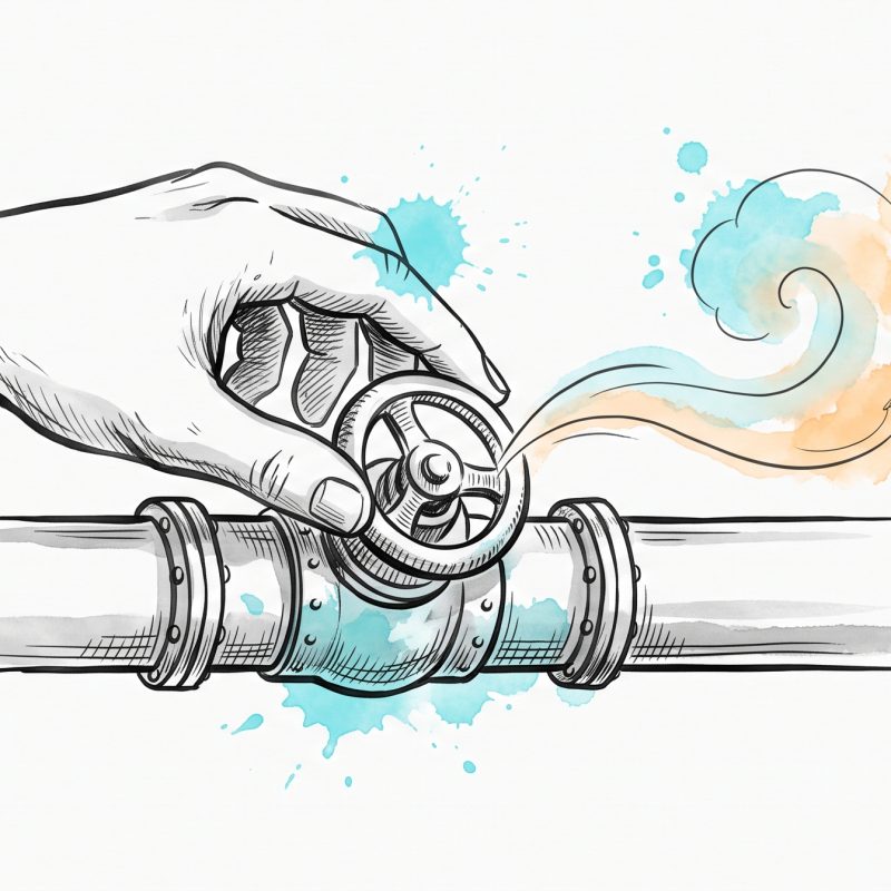 Hand-drawn ink and watercolour illustration of a hand turning a pressure-relief valve on a pipe, easing a soft controlled wisp of steam out so pressure never builds — managing workplace stress