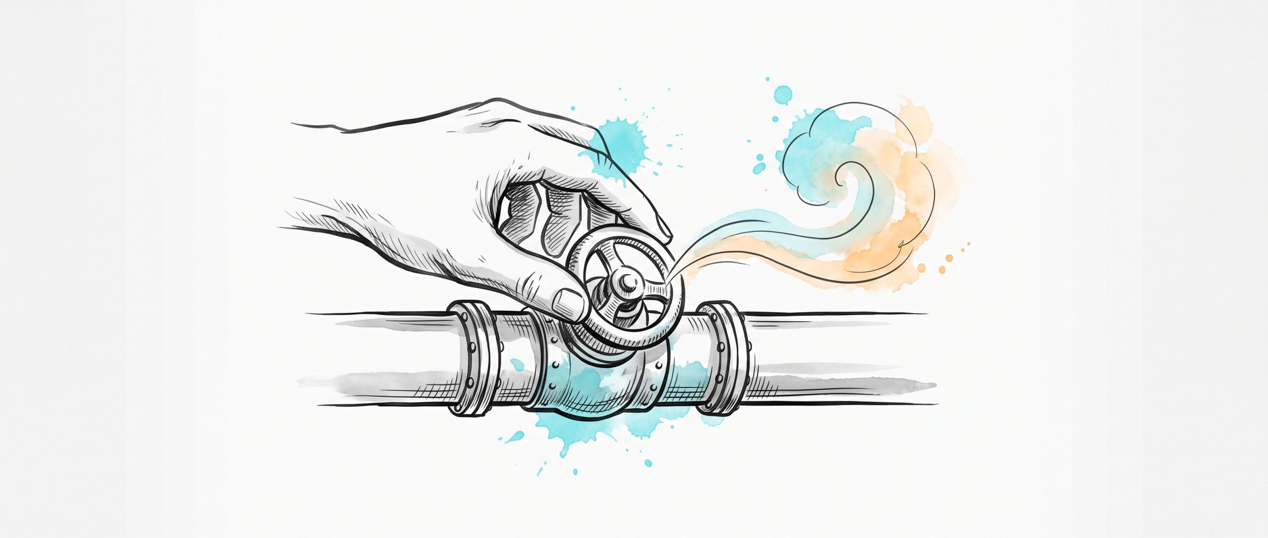 Hand-drawn ink and watercolour illustration of a hand turning a pressure-relief valve on a pipe, easing a soft controlled wisp of steam out so pressure never builds — managing workplace stress