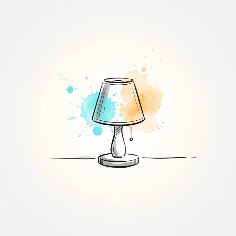 Hand-drawn editorial illustration of a small bedside lamp switched on at night, casting a soft warm pool of cyan and apricot light — a comforting, always-available presence