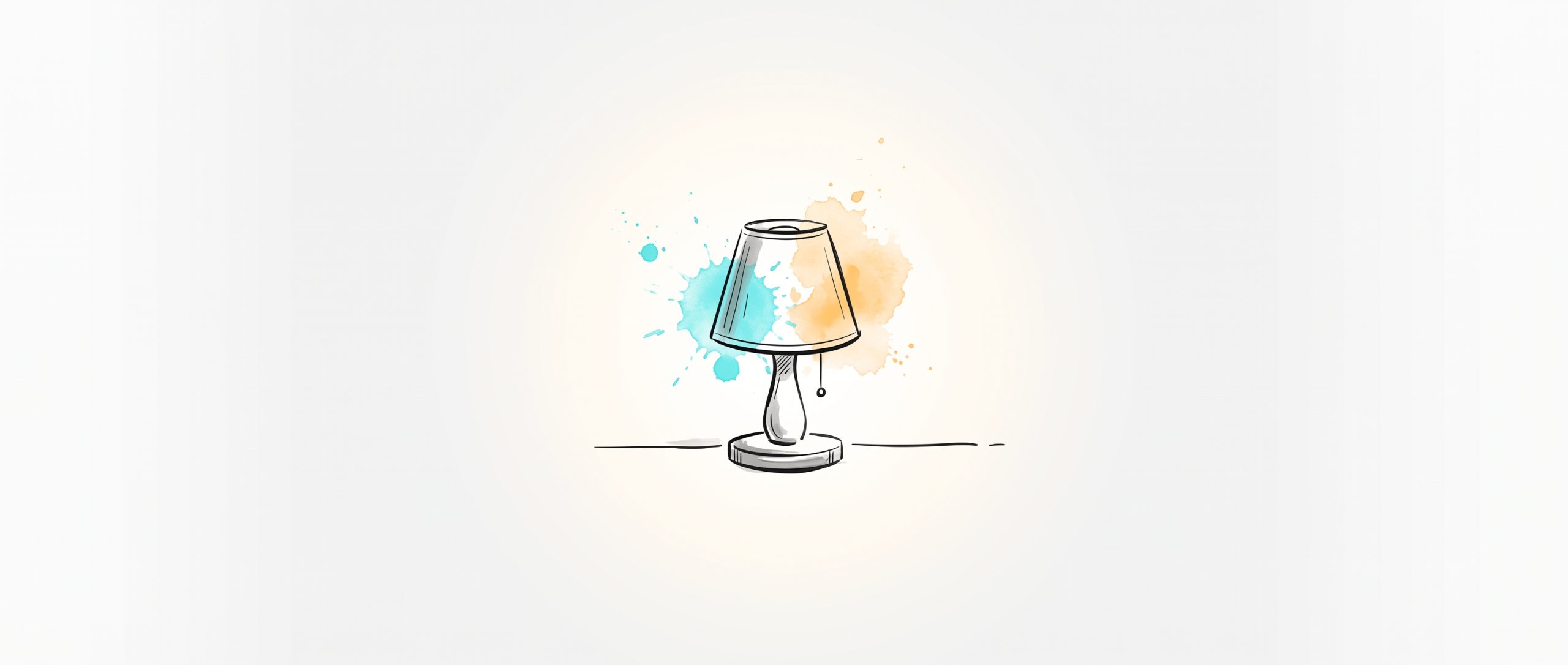 Hand-drawn editorial illustration of a small bedside lamp switched on at night, casting a soft warm pool of cyan and apricot light — a comforting, always-available presence
