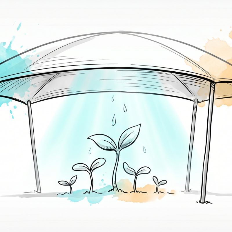 Hand-drawn illustration of a sheltering canopy on slender poles with small seedlings of varied sizes growing beneath it in soft cyan light, symbolising a supportive employee wellness program under which people are sheltered and helped to grow