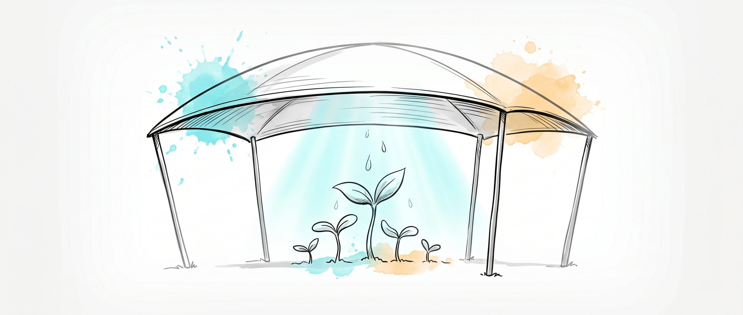 Hand-drawn illustration of a sheltering canopy on slender poles with small seedlings of varied sizes growing beneath it in soft cyan light, symbolising a supportive employee wellness program under which people are sheltered and helped to grow