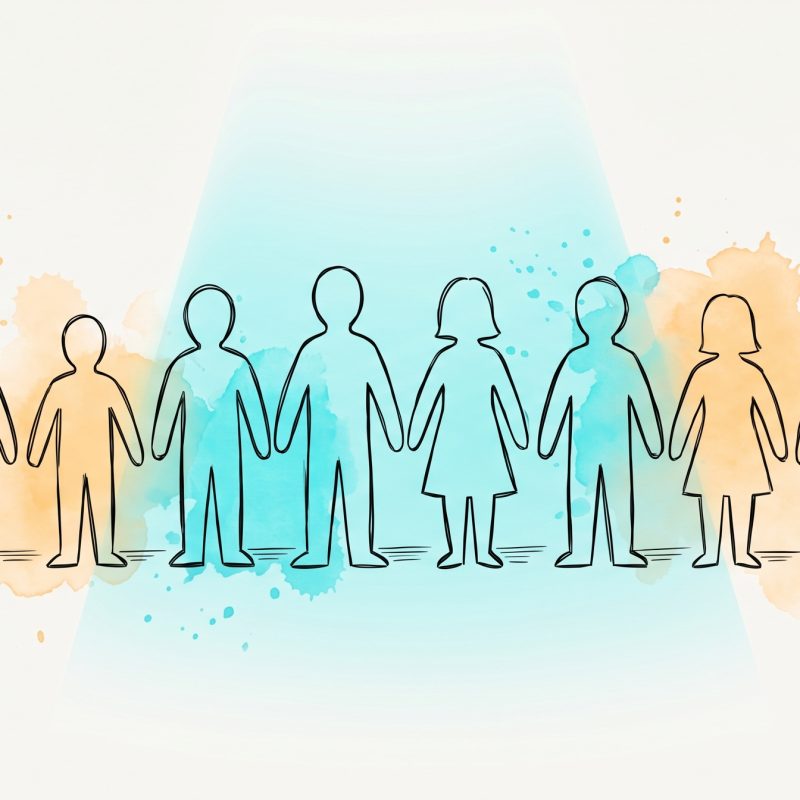Ink-drawn row of paper-cutout people silhouettes with a cyan light beam falling clearly on the central figures while those at the edges stay in plain unlit outline, symbolising uneven AI representation and data skew