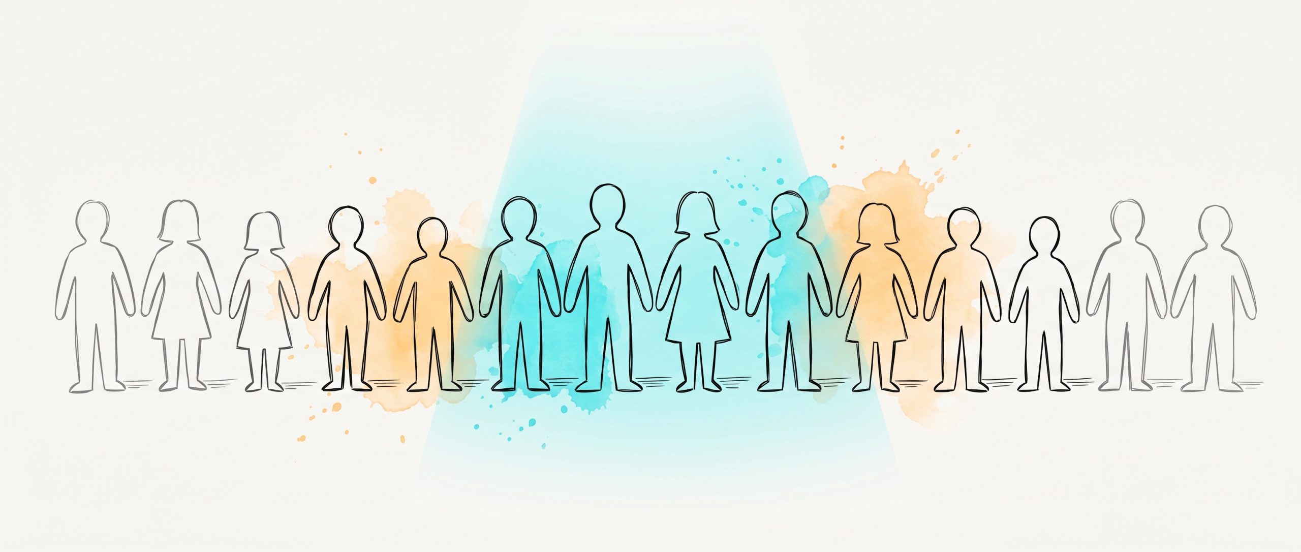 Ink-drawn row of paper-cutout people silhouettes with a cyan light beam falling clearly on the central figures while those at the edges stay in plain unlit outline, symbolising uneven AI representation and data skew