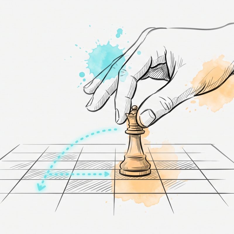 Hand-drawn ink illustration of a hand moving a chess piece forward across a board, a cyan dotted line tracing the planned move, with cyan and apricot watercolour splashes — symbolising strategic, deliberate business decision-making