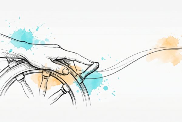 Hand-drawn ink illustration of a hand steering a ship's helm with a smooth course-line sweeping forward, with cyan and apricot watercolour splashes