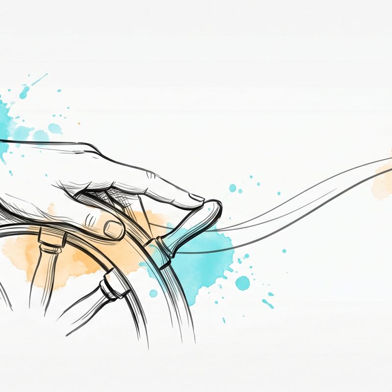 Hand-drawn ink illustration of a hand steering a ship's helm with a smooth course-line sweeping forward, with cyan and apricot watercolour splashes