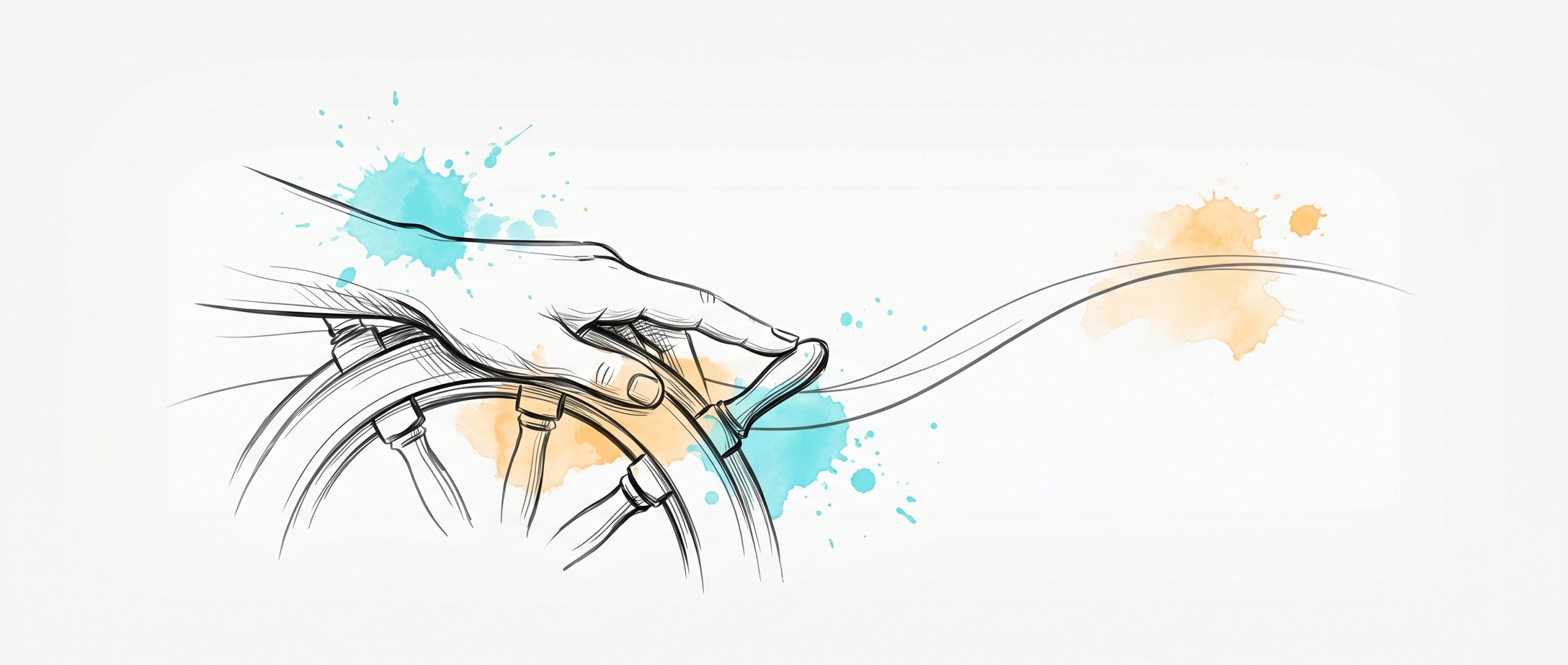 Hand-drawn ink illustration of a hand steering a ship's helm with a smooth course-line sweeping forward, with cyan and apricot watercolour splashes