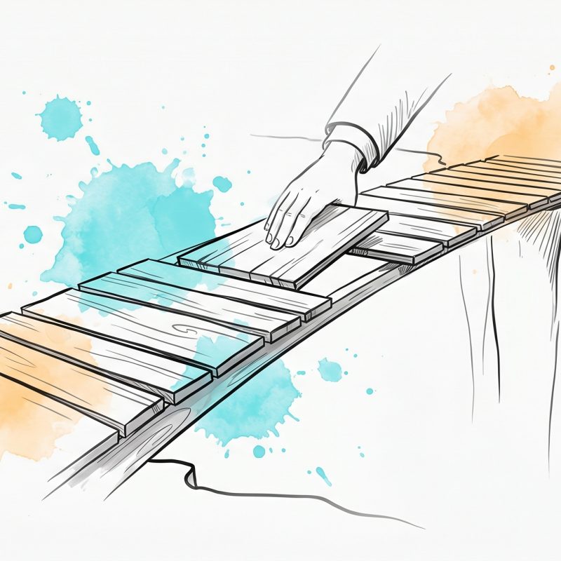 Ink-and-watercolour illustration of a hand laying the next plank to extend an unfinished footbridge across a gap toward the far side, symbolising building a career transition one step at a time