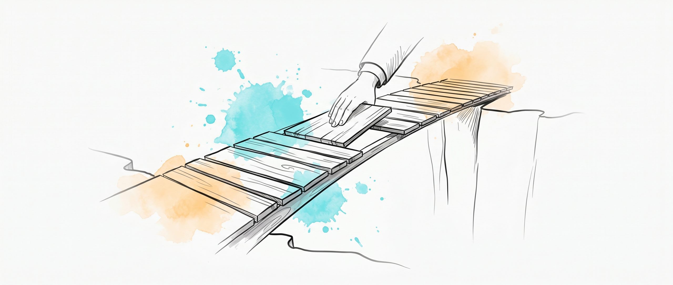 Ink-and-watercolour illustration of a hand laying the next plank to extend an unfinished footbridge across a gap toward the far side, symbolising building a career transition one step at a time
