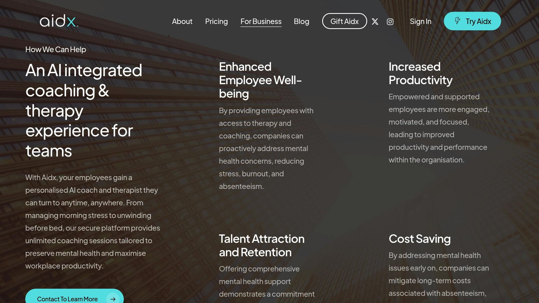 Screenshot of the aidx.ai for-business page showing AI coaching and therapy for teams