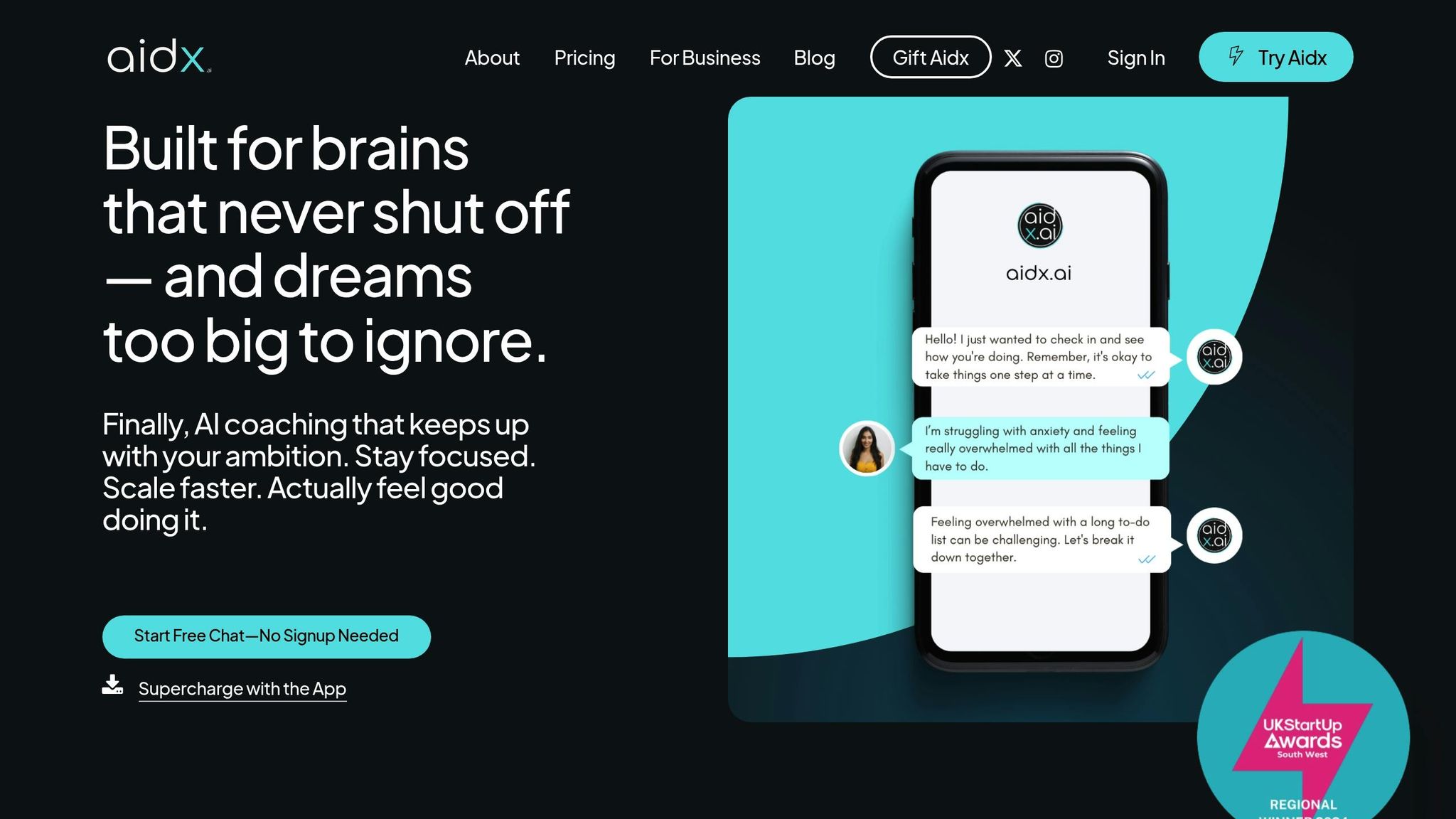 aidx.ai homepage showing the AI coaching and therapy chat interface