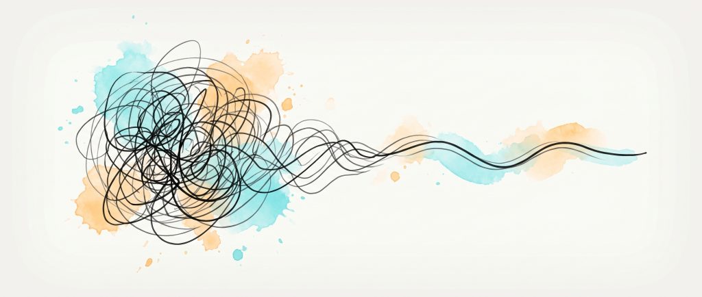 Hand-drawn ink illustration of a chaotic tangle of lines easing into a single slow, calm wave — a panic attack settling into calm.