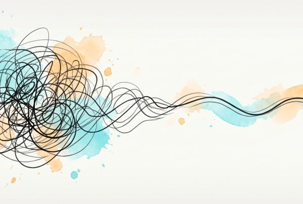 Hand-drawn ink illustration of a chaotic tangle of lines easing into a single slow, calm wave — a panic attack settling into calm.