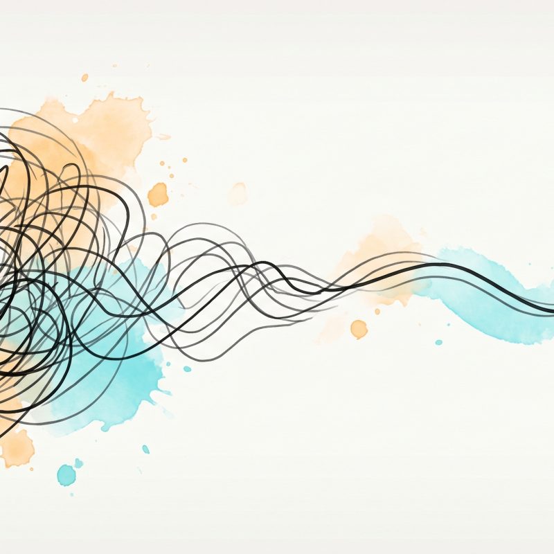 Hand-drawn ink illustration of a chaotic tangle of lines easing into a single slow, calm wave — a panic attack settling into calm.