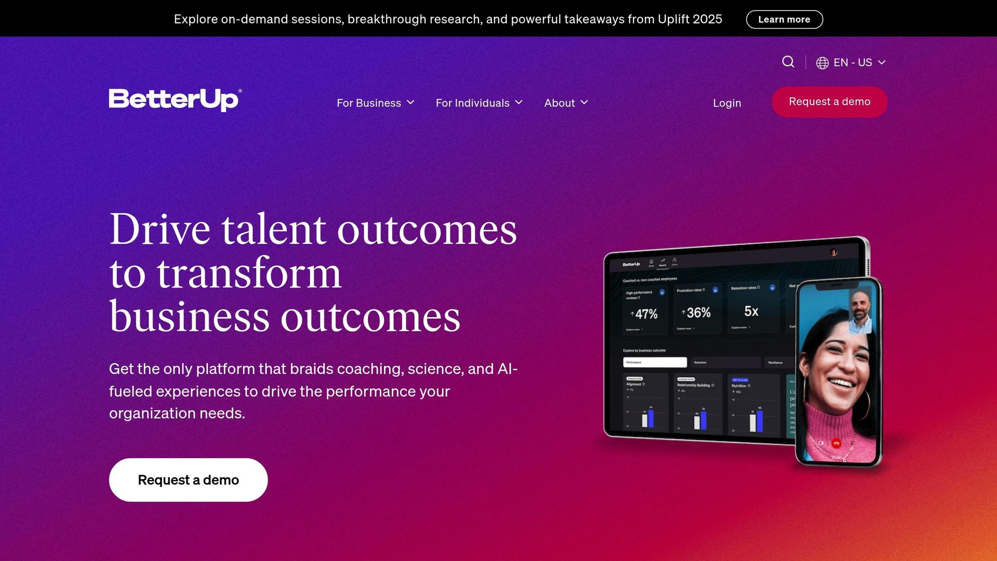 Screenshot of the BetterUp platform homepage for workplace coaching