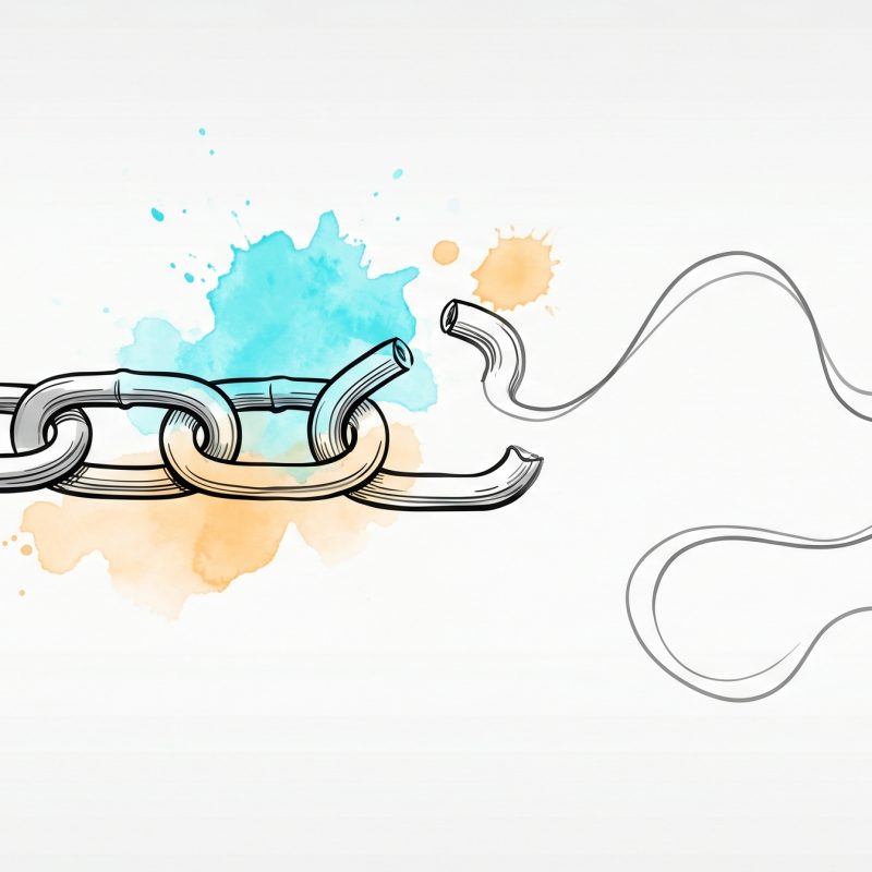 Hand-drawn ink illustration of a metal chain whose middle link has been opened and broken, the line continuing onward as a free-flowing open curve, with cyan and apricot watercolour splashes — breaking an old habit loop and redirecting it