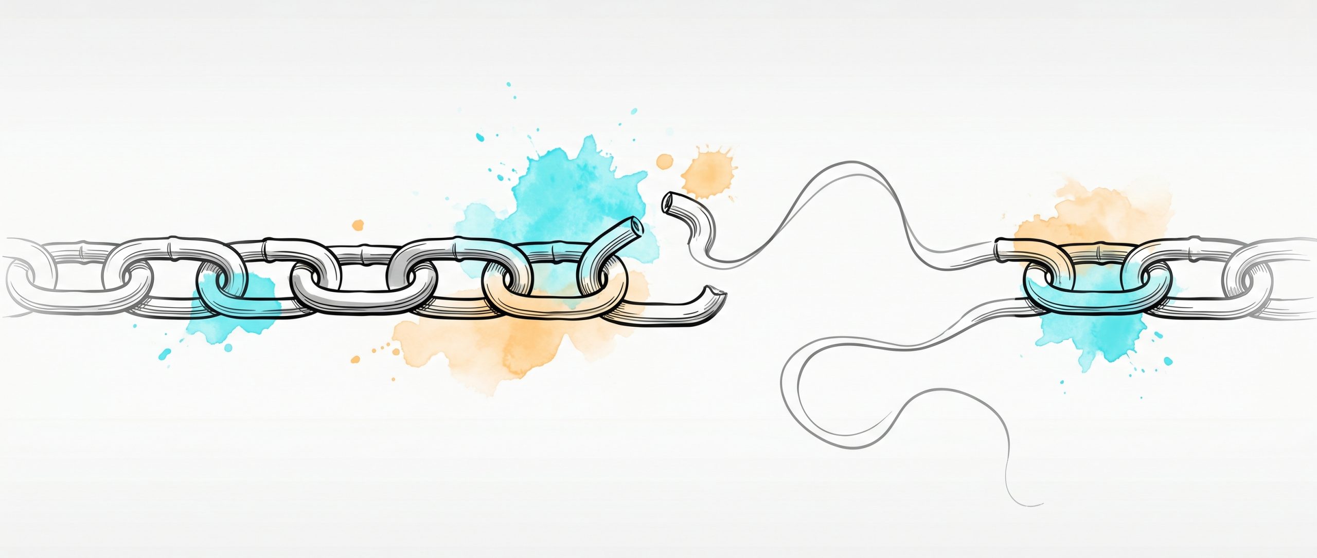 Hand-drawn ink illustration of a metal chain whose middle link has been opened and broken, the line continuing onward as a free-flowing open curve, with cyan and apricot watercolour splashes — breaking an old habit loop and redirecting it