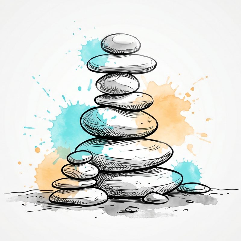 Hand-drawn ink illustration of a balanced cairn of stacked stones with cyan and apricot watercolour splashes — confidence built one small step at a time