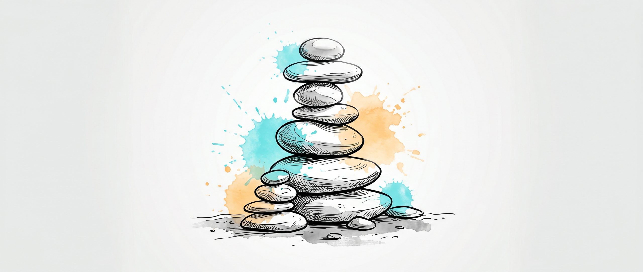 Hand-drawn ink illustration of a balanced cairn of stacked stones with cyan and apricot watercolour splashes — confidence built one small step at a time