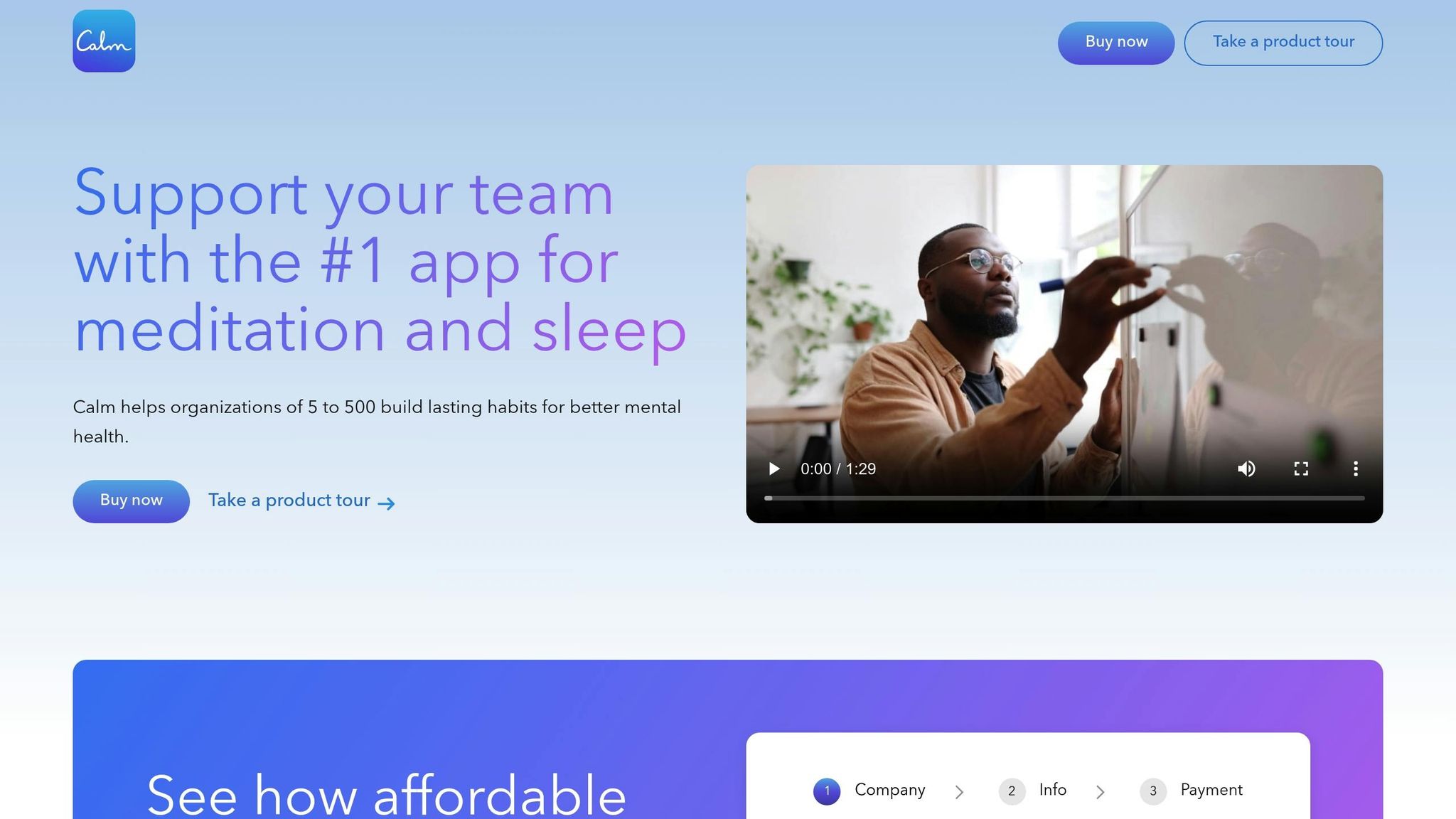 Screenshot of the Calm Business page for workplace meditation and mindfulness