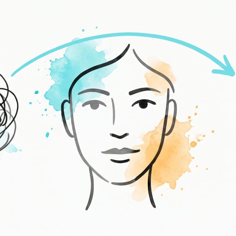 Hand-drawn ink illustration of a simplified face with a tangled thought on the left reframed by a cyan arrow into clean geometric shapes on the right, with cyan and apricot watercolour splashes, symbolising personalized CBT and cognitive reframing