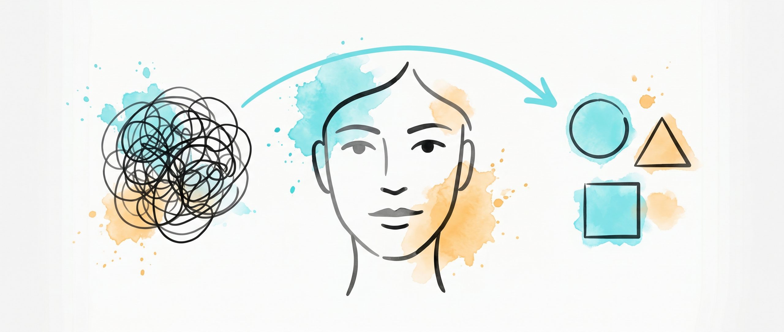 Hand-drawn ink illustration of a simplified face with a tangled thought on the left reframed by a cyan arrow into clean geometric shapes on the right, with cyan and apricot watercolour splashes, symbolising personalized CBT and cognitive reframing