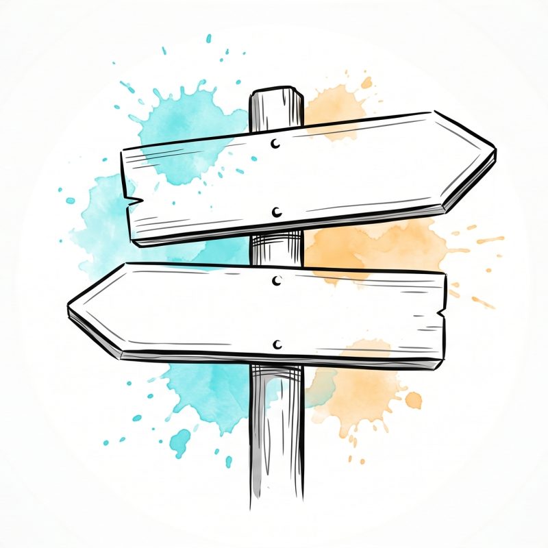Hand-drawn ink illustration of a single signpost with two blank arrow boards pointing in opposite directions, representing cognitive dissonance - being pulled two ways at once