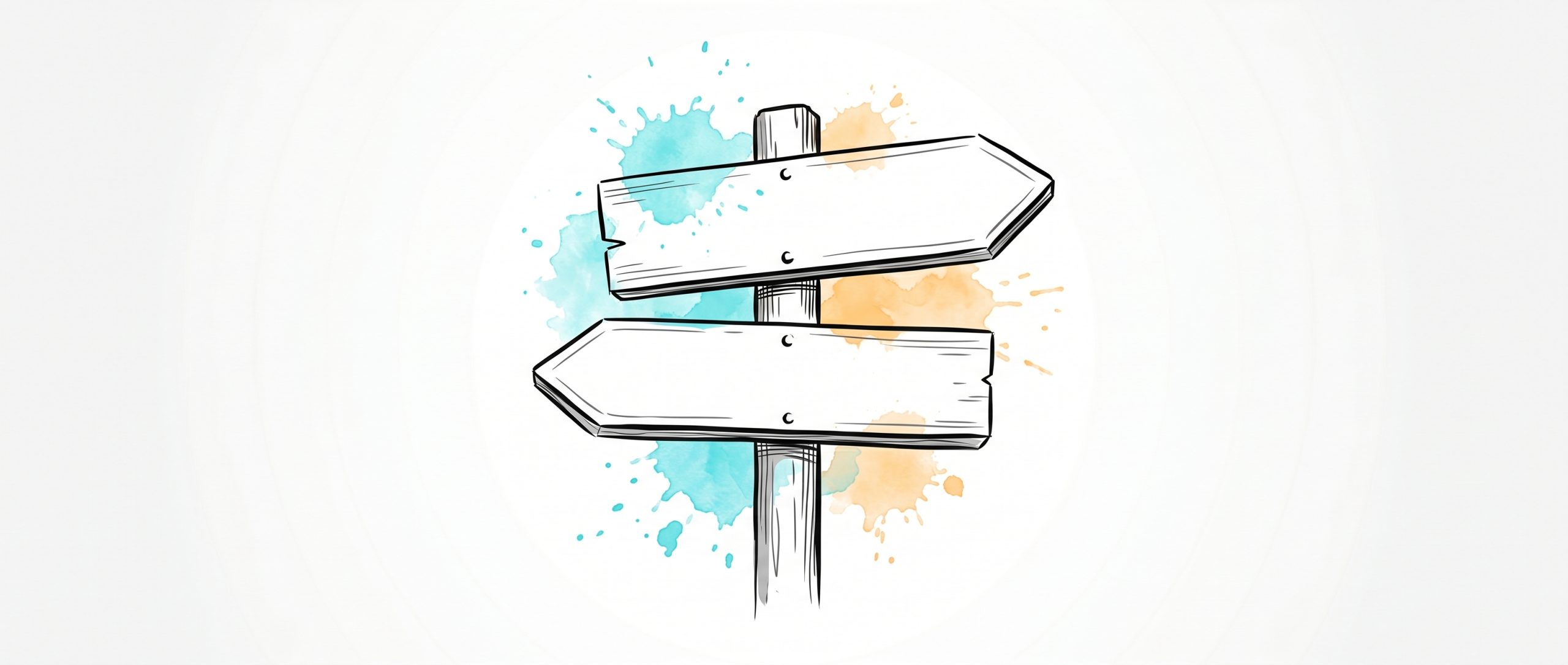 Hand-drawn ink illustration of a single signpost with two blank arrow boards pointing in opposite directions, representing cognitive dissonance - being pulled two ways at once