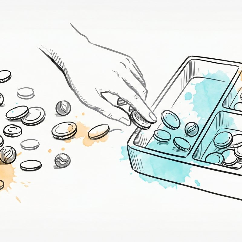 Hand-drawn ink illustration: a hand sorting a scatter of loose tokens into a tidy compartmented tray, with cyan and apricot watercolour splashes — a decision-making framework bringing order to a jumble of options