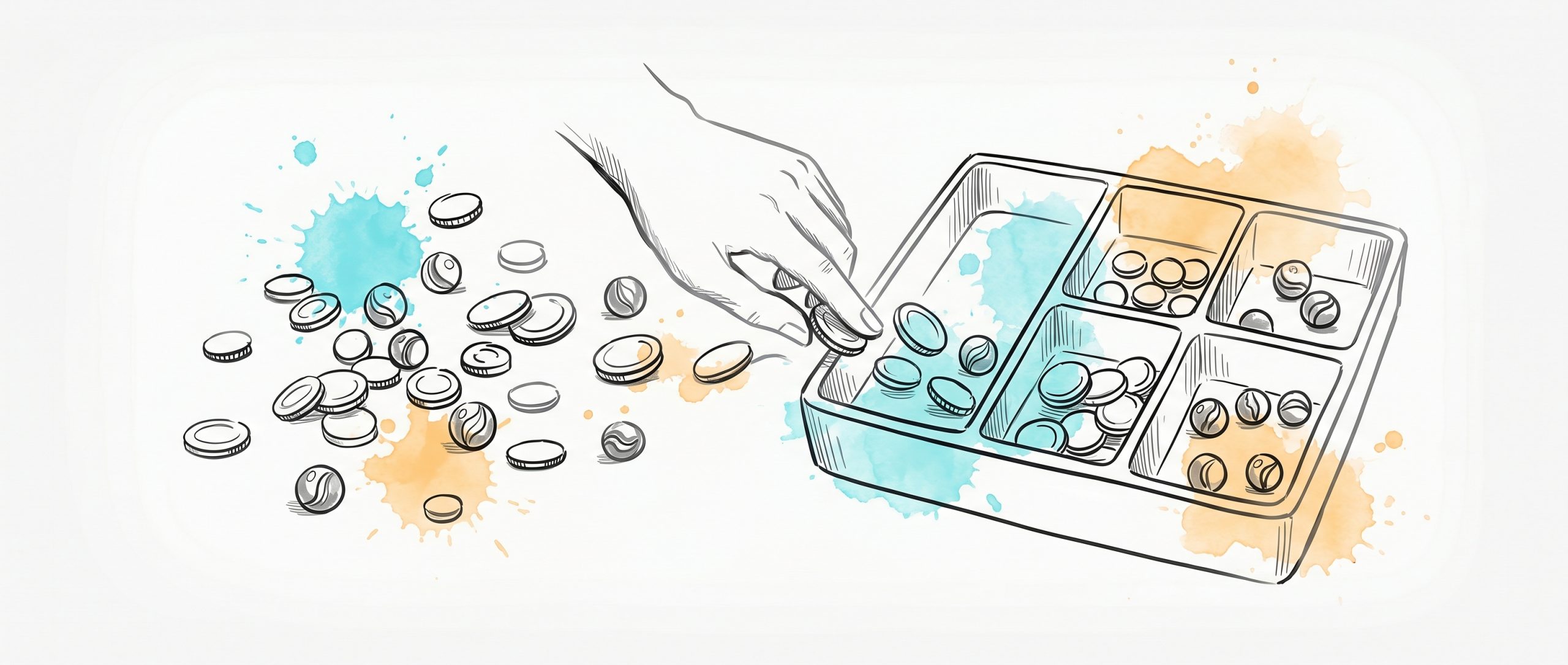 Hand-drawn ink illustration: a hand sorting a scatter of loose tokens into a tidy compartmented tray, with cyan and apricot watercolour splashes — a decision-making framework bringing order to a jumble of options