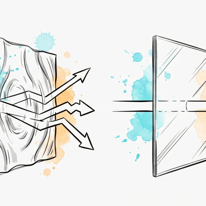 Hand-drawn ink illustration: a beam of light bending and fracturing as it passes through a warped distorting glass pane, then passing straight through a clear flat pane beside it — distorted versus clear perception, with cyan and apricot watercolour splashes